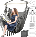 Goutime XXL Hammock Rocking Chair - with 2 Cushions and 1 Neck Pillow, Cotton Rocking Chair for Bedroom and Patio, Hanging Chair with Side Pockets and Mounting Accessories (Dark Grey)