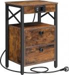 HOOBRO EBF138CBZ01 Bedside Table with Charging Station, Side Table with 2 Folding Drawers, Bedside Table with USB Ports and Socket, for Living Room, Bedroom, Vintage Brown/Black