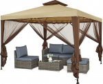 Mondeer Garden Gazebo 3 x 3 m, topeltkatus Gazebo 4 s&auml;&auml;sev&otilde;rguga k&uuml;lgpaneelid varju ja vihma jaoks, metallist raam vastupidav, khaki v&auml;rvi