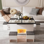 Kohvilaud muudetav elutoa s&ouml;&ouml;gilauaks 4 in 1 Multifunktsionaalne elutoa laud koos hoiuruumiga ja 4 tooliga Kohvilaud reguleeritava k&otilde;rgusega, LED-valgustusega ja madala m&uuml;ratasemega universaalne