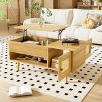 Merax Elegantne kohvilaud t&otilde;stetava pealtvaatega ja rotangist ustega, funktsionaalne elutoa laud koos hoiuruumiga elutuppa ja kodukontorisse, puidu v&auml;rvi, 103 L x 50 S x 46-60 K cm