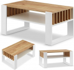 Elutoa laud diivanile, v&auml;ike kohvilaud, valge tammepuust hoiuruumiga, moodne laud elutoas liistudega, kohvilaud, v&auml;ike laud, 92 cm kohvilaud, tugev maja laud