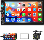 Motorsi Double DIN autoraadio Bluetoothiga, 2 DIN 7-tolline puuteekraaniga autostereo, Mirror Link, FM-vastuv&otilde;tja, EQ audiojuhtimine, USB/TF/AUX, SWC, USB, laadimine + mikrofon + tagurduskaamera