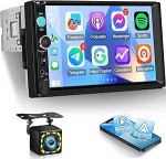 NHOPEEW 7-tolline Single DIN autoraadio - 1 Din autoraadio juhtmevaba CarPlay ja Android autoga, FM-roolijuhtimine, USB/SD/AUX, online YouTube'i taasesitus + tahavaate kaamera