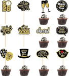 2026 Happy New Year Cake Toppers 24 Pack Black Gold Happy New Year Cupcake Toppers Glitter Cake Topper Decorations New Year's Eve Cake Toothpick Decorations Party Supplies