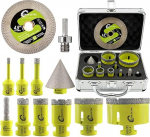 Teemantpuuripuuride komplekt 11 tk (6/8/10/20/25/35/50/68+10 mm s&otilde;rmeveski + 50 mm faasipuur + 115 l&otilde;ikekettad + adapter) Teemantpuursaag keraamiliste plaatide portselanist marmorist M14 keermega