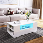 Kohvilaud, kaasaegne kohvilaud, elutoa laud 2 sahtliga ja avatud riiuliga, k&otilde;ik k&otilde;rgl&auml;ikega kohvilaud, ristk&uuml;likukujuline elutoa m&ouml;&ouml;bel 95 x 55 x 37 cm (LED-iga, valge)