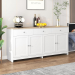 Merax Sideboard, k&ouml;&ouml;gikapp 3 sahtli ja 4 uksega, buffetkapp t&ouml;&ouml;tasapinnaga, h&otilde;bedaste k&auml;epidemetega ja reguleeritava riiuliga, elutuppa, s&ouml;&ouml;gituppa, valge + puit, 160 x 37 x 75 cm.
