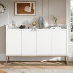 Moodne k&uuml;ljepaneel, madal kapp 4 uksega, k&ouml;&ouml;gikapp reguleeritava riiuliga ja kuldsete metalljalgadega, elutuba, minimalistlik k&uuml;ljepaneel elutuppa (valge)