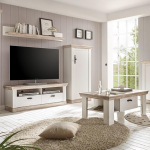 Lomadox Country House seinakapp m&auml;nnipuidust valge koos kirstu, TV-lauaga, riiuli ja kohvilaudadega