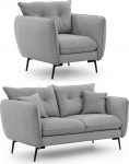 Nordloft 2-kohaline diivan-tooli komplekt, 2-osaline, mustad metalljalad, sametkangas, vabalt seisev, helehall