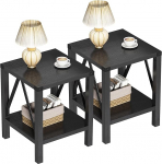 Treocho Farmhouse Side Table Set of 2, Rustic Vintage Bedside Table with Shelf for Living Room, Black