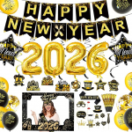 2023 Folienballons Schwarz und Gold Happy New Year Banner Neujahr H&auml;ngende Wirbel 6pcs Silvester Papiergl&auml;ser Foto Requisiten Stern Ballons f&uuml;r 2023 Silvester Party Dekorationen