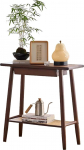 Schmaler Konsolentisch mit Schublade und Rattan Ablage, Schlanker Sofatisch aus Massivholz for Flur, Wohnzimmer und Kleine R&auml;ume