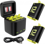 Akulaadija GoPro Hero12 11 10 9 Black TELESIN 2 Pack asendusakud koos kolmekordse laadimiskohvri C-t&uuml;&uuml;pi laadimiskaabliga originaal Go Pro Hero12 Hero 11 Hero 10 Hero9 kaameratarvikutele