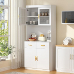 VOWNER k&ouml;&ouml;gikapp t&ouml;&ouml;tasapinnaga, k&ouml;&ouml;gibuffee 4 kapiga, vitriinkapp, buffeekapp reguleeritavate riiulitega, 80 x 40 x 180 cm, k&ouml;&ouml;ki, elutuppa, kontorisse, s&ouml;&ouml;gituppa (valge)
