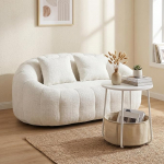 FurnitureR Diivan Set mit Beistelltisch und Aufbewahrungskorb, 2-Sitzer Sofa 145 cm aus Boucl&eacute; Stoff mit Rundem Couchtisch 45 cm, Wohnzimmer M&ouml;bel Set Modern, Cremewei&szlig; | Boucl&eacute; 2-Sitzer Sofa, Tisch mit Korb, Modernes Sofa Set, Weicher Komfort, Bis 2 ...