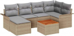 Rantry 7-teiliges Garten-Sofa-Set mit Kissen Beige Poly Rattan Akazie, 2-Sitzer Garten-Sofa mit Stauraum & Kissen Beige Poly Rattan Gartenlounge Model3356019