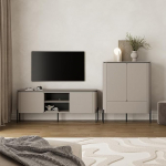 Living Room Set Living Furniture with Lowboard & Highboard, Greige in Modern Style, 2 Pieces, Rounded Fronts, Push-to-Open, Metal Feet