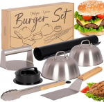 ONVAYA&reg; Burgeri komplekt, 8 t&uuml;kki, sealhulgas roostevabast terasest burgerikell ja Smash Burgeri press, Smash Burgeri komplekt koos grillimatiga, spaatliga ja sulatuskellaga, Burgeri purustaja, grillkellaga
