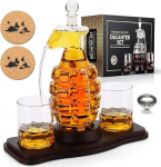 Whisky Decanter Set - Bomb-Shaped Whisky Decanter and 2 Whisky Glasses with Wooden Holder - Scotch Bourbon Liquor Drinking Gift for Men Dad Husband Boyfriend Anniversary Birthday