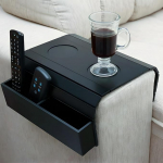 EOFJRUC Foldable Armrest Tray Table for Couch with Drink Holder & Side Pockets, 4-in-1 Non-Slip Sofa Arm Rest for Drinks, Tablet, Remote Control and Snacks (Black)