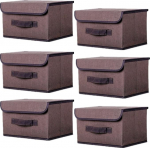 EURXLQ 6 pruunid kokkupandavad hoiukastid kaanega 26 x 19 x 16 cm, linasest kangast kokkupandav hoiukast klapikaanega ja k&auml;epidemetega, riidepaberikarp koju, garderoobi jaoks