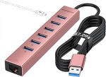 USB Ethernet adapter USB 3.0 Hub RJ45 Gigabit LAN kaabliga v&otilde;rku, 1 Ethernet, 7 USBA 3.0 porti ja 15 W toite&uuml;hendus, v&otilde;rguadapter Windows XP, Mac OS ja muudele s&uuml;learvutitele (roosakas kuldne)