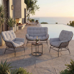 Lounge komplekt HWC-P75, aiam&ouml;&ouml;blikomplekt, diivanist istumiskomplekt, kangas 220 g/m&sup2; pol&uuml; rotangist metall, tumehall, polsterdus helehall