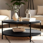 CLP Edduma &uuml;mmargune puidust kohvilaud, diivanilaud, 2 tasandit koos hoiuruumiga, k&uuml;ljelaud, v&auml;ike metallraam, must, v&auml;rv: V&auml;rviline: Hall, Suurus: Diameeter 80 cm