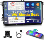 [8 Core 4G + 64G] Inefala Android 15 autoraadio 2 DIN VW Golf Polo Tiguan Caddy Touran, 9-tolline puuteekraan juhtmevaba Carplay Android autoga, BT GPS WiFi 59UI RDS FM Mic tagurduskaamera