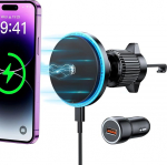 Rolgno MagSafe Car Mount Charger, mobiiltelefoni hoidja auto koos laadimisfunktsiooniga, [Automaatne kiirlaadimine] Magnetiline autokinnitus, mis &uuml;hildub iPhone 16/15/14-seeriaga (QC3.0 autolaadija lisatud)