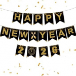 Banner "Happy New Year" 2026, Schwarz-Gold, Silvester-Party-Dekorationen 2026, glitzerndes Happy New Year Banner, Schilder, h&auml;ngende Wimpelkette, Silvester-Partyzubeh&ouml;r, 2026 Event-Dekoration