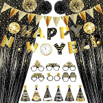 2025 Neujahr Dekorationen Set Schwarz Gold Happy New Year Banner Flagge Anh&auml;nger Banner Neujahr H&uuml;te Brillen Neujahr Luftballons f&uuml;r Silvester Party Supplies