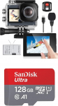 icefox Action Cam 4K Ultra HD 20MP veealune kaamera veekindel 40M 170 kraadi ultra-laia nurgaga WiFi videokaamera & SanDisk Ultra Android microSDXC UHS-I m&auml;lukaart 128 GB + adapter