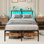 IRONCK Voodi 120 x 200 cm lamelliraamiga, LED-valgustusega voodiraam, laadimisjaam (pistikupesad, USB-A ja USB-C pordid), panipaik voodi all, Matel voodi, kaheinimesevoodi, noortevoodi, 120 x 200 cm.