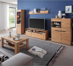 Lomadox Wohnm&ouml;bel Set Eiche teilmassiv modern 5-teilig, 1 Vitrine, 1 Wandboard, 1 Lowboard, 1 Couchtisch, 1 Highboard, LED-Beleuchtung - Massivholz/Echtholz/Furniert