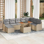Garten-Sofa-Set 9-teilig mit Kissen und Stauraum in Beige und Hellgrau, handgewebte Outdoor-M&ouml;bel als Rattan-Esszimmer-Set f&uuml;r den Au&szlig;enbereich, modulares Gartenm&ouml;bel-Set