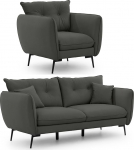 Nordloft 3-kohaline diivan-tooli komplekt, 2-osaline, mustad metalljalad, sametkangas, vabalt seisev, tumehall