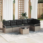 Gartensofa-Set mit Kissen 7-teilig Hellgrau Poly-Rattan, Garten Eckbank Set mit Polstern und Gartenm&ouml;bel Set aus Kunststoffgeflecht als Eckbank f&uuml;r Terrasse