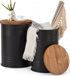 Poofzy Farmhouse Side Tables, Set of 2, Galvanized Metal Decor, Side Table with Wooden Lid, Coffee Table, Storage Stool for Living Room (Black)