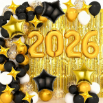 2026 Happy New Year Banner & Foil Balloons Kit, aastavahetuse peo dekoratsioonid 2026i t&auml;histamiseks, Glitter Wall Decoration, Fototaust tarvikud