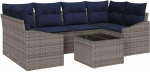 vidaXL Sofa Set mit Kissen 7 pcs Grau und Marineblau Poly-Rattan, Moderne Garten- und Terrassen-Lounge, rechteckig, robust, UV-best&auml;ndig f&uuml;r entspanntes Drau&szlig;en-Chillen