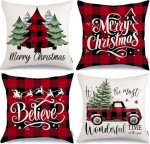 GEEORY r&otilde;&otilde;msad j&otilde;ulud padjakatted 20 x 20 tolli komplekt 4 j&otilde;ulupuud Buffalo Plaid uskuda veoauto visata padjakatted talumajapidamise dekoratiivsed padjakatted kodu diivanile kaunistamiseks