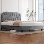 Yaheetech polsterdatud kaheinimesevoodi 140 x 200 cm kangast voodiraam, pehmendusega voodi, reguleeritava k&otilde;rgusega peatoega voodiraam lamelliraamiga, helehall