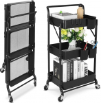 Shrivee Foldable 3 Tier Metal Rolling Cart Folding Mobile Multifunctional Storage Cart for Home Library Office (Black)