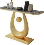 Generisch Eleganter Konsolentisch in Gold und Grau - Schmaler Eingangstisch mit Rockboard-Platte und Eisengestell, abgerundeten Kanten und geschwungenen Seiten f&uuml;r Foyer, Flur, Sofa (80x30x80cm)