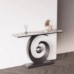 Moodne konsoollaud - beež kiviplaat ja must metallist alus, minimalistlik sissep&auml;&auml;su- ja elutoa m&ouml;&ouml;bel, stiilne diivanilaud esikusse (120 x 30 x 80 cm)