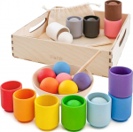 Ulanik Balls in Cups Toddlers Montessori Toy from 1 Year + Baby Educational Sensory Wooden Games for Counting and Sorting Colours Learning - 12 Balls
