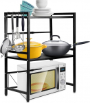 QWORK&reg; 2-tasandiline mikrolaineahju riiul pikendatav mikrolaineahjuriiul 4 konksuga musta v&auml;rvi